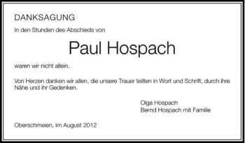 Anzeige von Paul Hospach von Schwäbische Zeitung