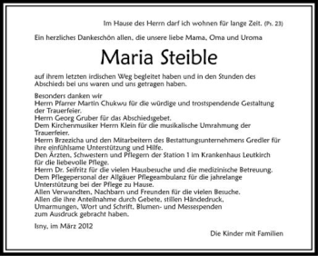 Anzeige von Maria Steible von Schwäbische Zeitung