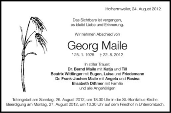 Anzeige von Georg Maile von Schwäbische Zeitung