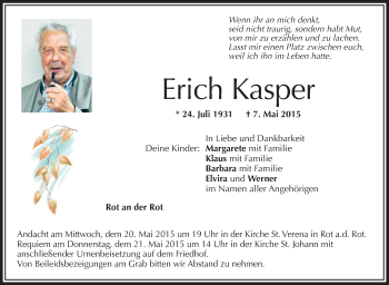 Anzeige von Erich Kasper von Schwäbische Zeitung