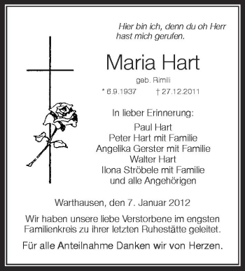 Anzeige von Maria Hart von Schwäbische Zeitung