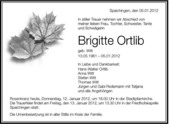 Anzeige von Brigitte Ortlib von Schwäbische Zeitung