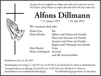 Anzeige von Alfons Dillmann von Schwäbische Zeitung