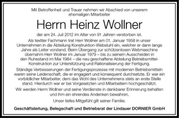 Anzeige von Heinz Wollner von Schwäbische Zeitung