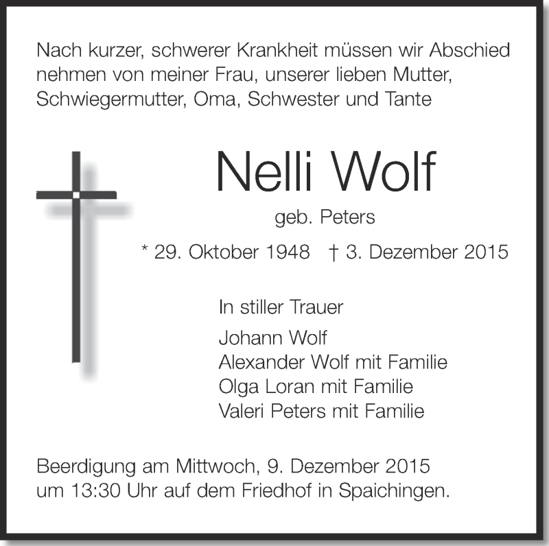  Traueranzeige für Nelli Wolf vom 07.12.2015 aus Schwäbische Zeitung