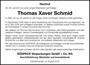 Anzeige von Thomas Xaver Schmid von Schwäbische Zeitung