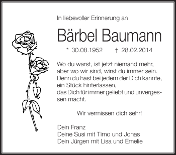 Anzeige von Bärbel Baumann von Schwäbische Zeitung