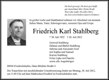 Anzeige von Friedrich Karl Stahlberg von Schwäbische Zeitung