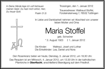 Anzeige von Maria Stoffel von Schwäbische Zeitung