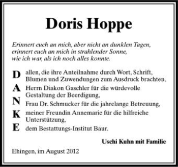 Anzeige von Doris Hoppe von Schwäbische Zeitung