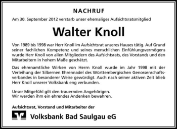 Anzeige von Walter Knoll von Schwäbische Zeitung