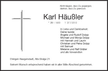 Anzeige von Karl Häußler von Schwäbische Zeitung