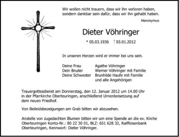 Anzeige von Dieter Vöhringer von Schwäbische Zeitung