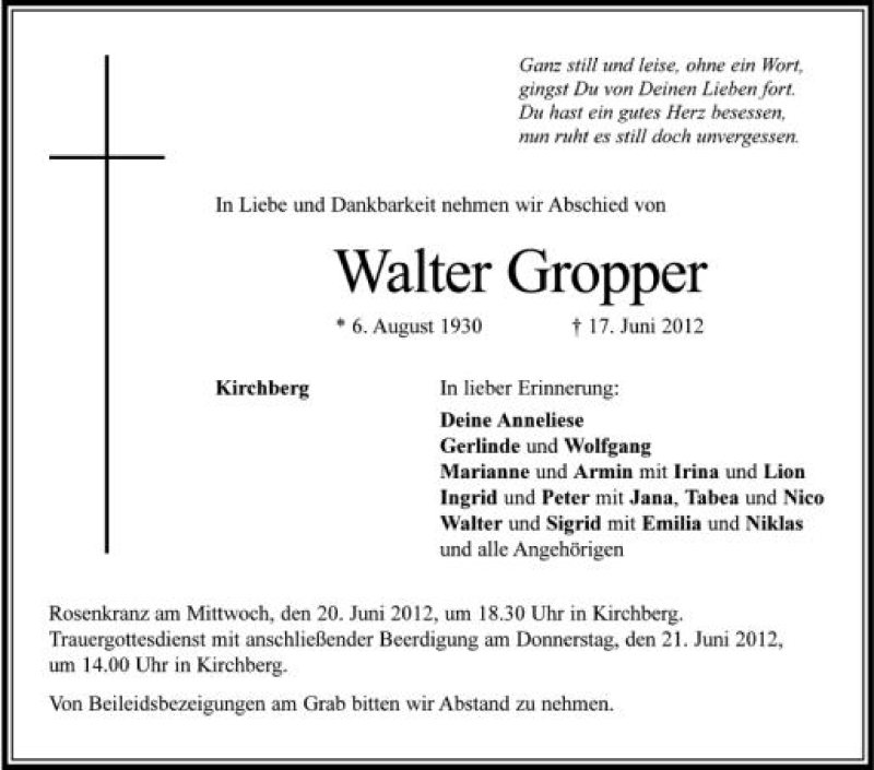 Traueranzeigen von Walter Gropper | schwaebische.de Trauerportal