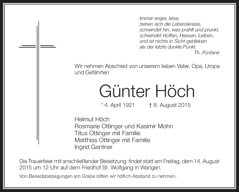  Traueranzeige für Günter Höch vom 11.08.2015 aus Schwäbische Zeitung
