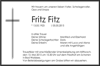Anzeige von Fritz Fitz von Schwäbische Zeitung