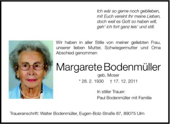 Anzeige von Margarete Bodenmüller von Schwäbische Zeitung