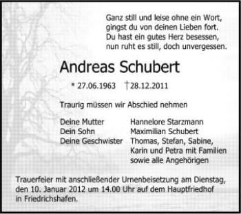 Anzeige von Andreas Schubert von Schwäbische Zeitung