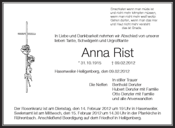 Anzeige von Anna Rist von Schwäbische Zeitung