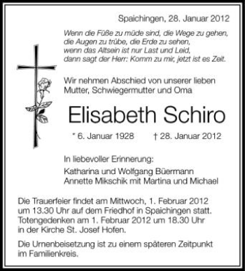 Anzeige von Elisabeth Schiro von Schwäbische Zeitung