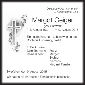 Anzeige von Margot Geiger von Schwäbische Zeitung
