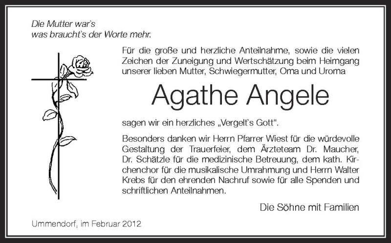  Traueranzeige für Agathe Angele vom 11.02.2012 aus Schwäbische Zeitung