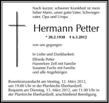 Anzeige von Hermann Petter von Schwäbische Zeitung