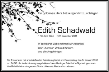 Anzeige von Edith Schadwald von Schwäbische Zeitung