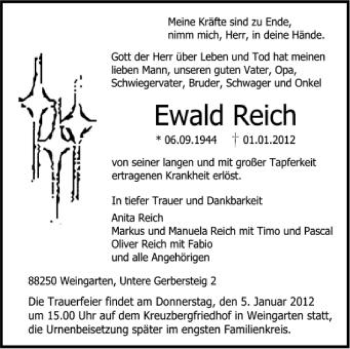 Anzeige von Ewald Reich von Schwäbische Zeitung