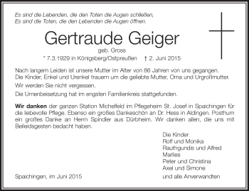 Anzeige von Gertraude Geiger von Schwäbische Zeitung