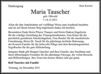Anzeige von Maria Tauscher von Schwäbische Zeitung