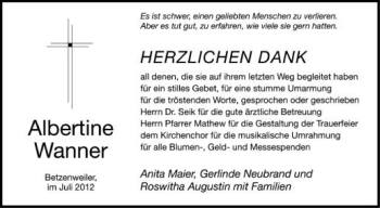 Anzeige von Albertine Wanner von Schwäbische Zeitung