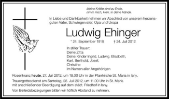 Anzeige von Ludwig Ehinger von Schwäbische Zeitung