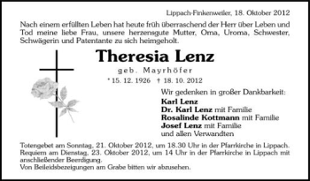 Anzeige von Theresia Lenz von Schwäbische Zeitung