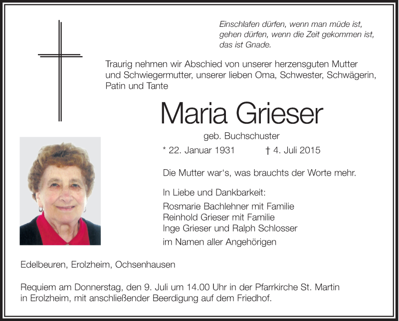 Traueranzeigen von Maria Grieser | schwaebische.de Trauerportal