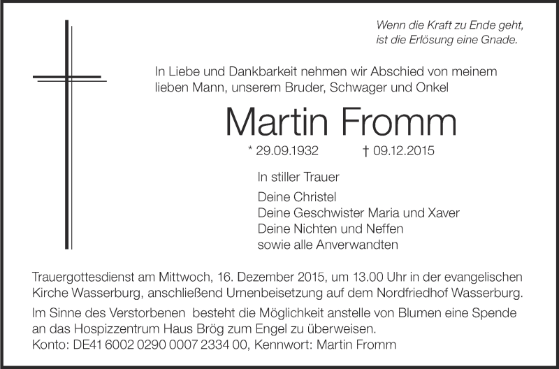  Traueranzeige für Martin Fromm vom 12.12.2015 aus Schwäbische Zeitung