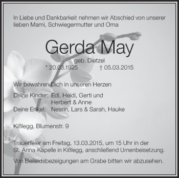 Anzeige von Gerda May von Schwäbische Zeitung