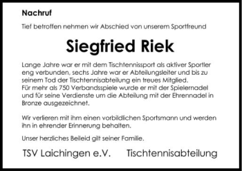 Anzeige von Siegfried Riek von Schwäbische Zeitung