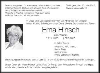 Anzeige von Erna Hinsch von Schwäbische Zeitung