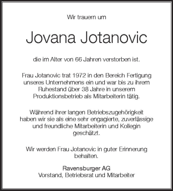 Anzeige von Jovana Jotanovic von Schwäbische Zeitung