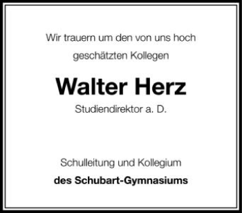 Anzeige von Walter Herz von Schwäbische Zeitung