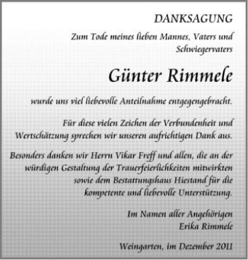 Anzeige von Günter Rimmele von Schwäbische Zeitung