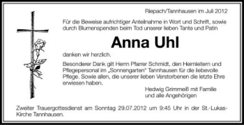 Anzeige von Anna Uhl von Schwäbische Zeitung