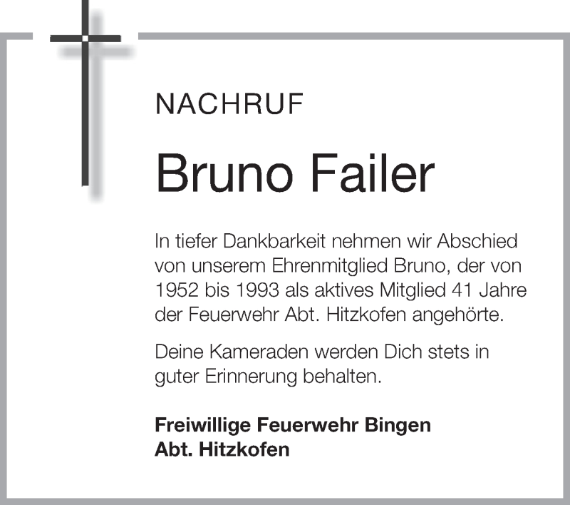  Traueranzeige für Bruno Failer vom 15.12.2015 aus Schwäbische Zeitung