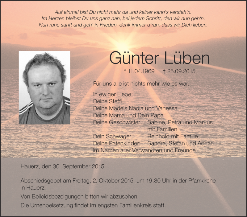  Traueranzeige für Günter Lüben vom 30.09.2015 aus Schwäbische Zeitung