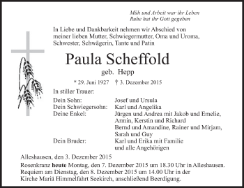 Anzeige von Paula Scheffold von Schwäbische Zeitung