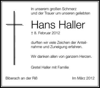 Anzeige von Hans Haller von Schwäbische Zeitung