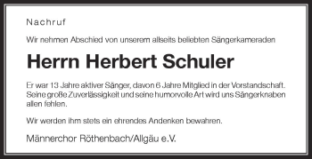 Anzeige von Herbert Schuler von Schwäbische Zeitung