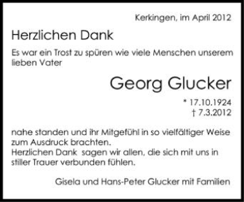 Anzeige von Georg Glucker von Schwäbische Zeitung