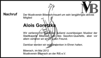 Anzeige von Alois Goretzka von Schwäbische Zeitung